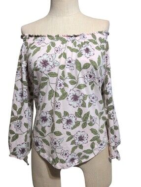 Lauren Ralph Lauren Pink Floral Top with Green Leaves Open Sleeve Casual Small